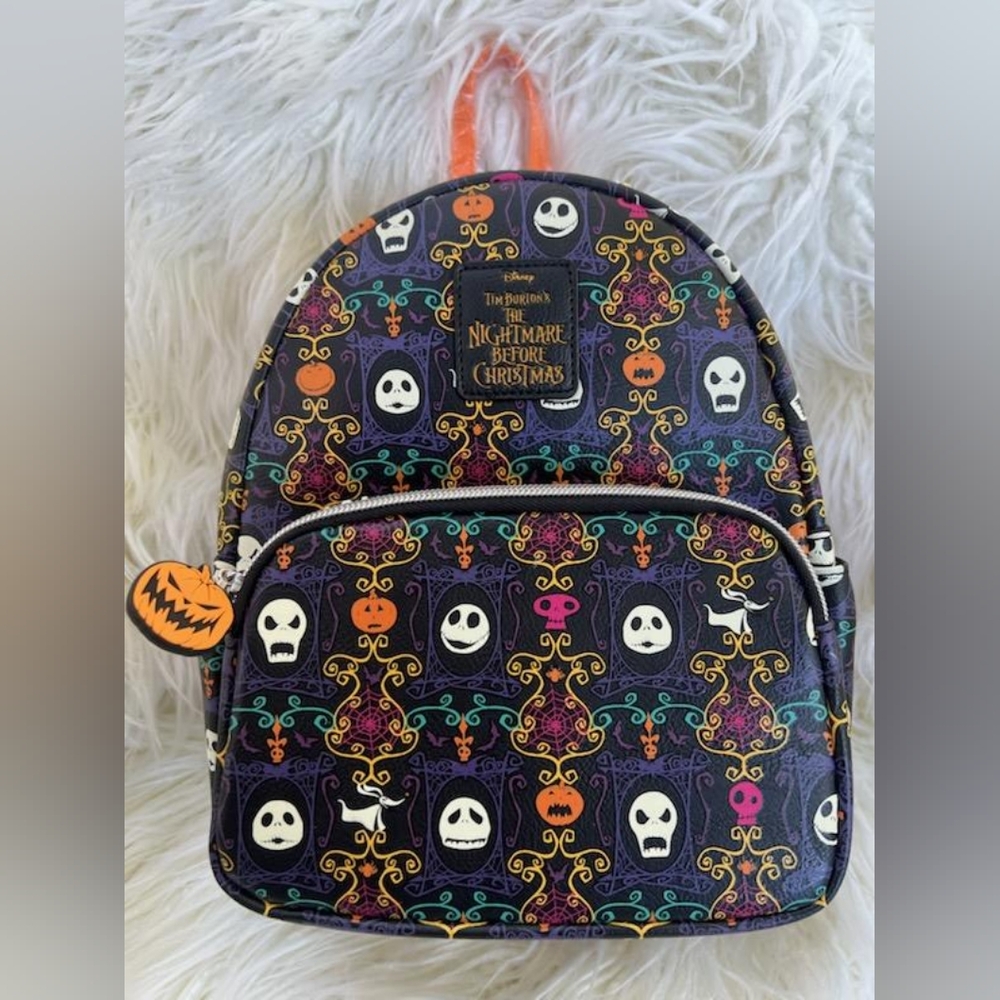 Black and Orange Mini Backpack with Day of the Dead Pattern